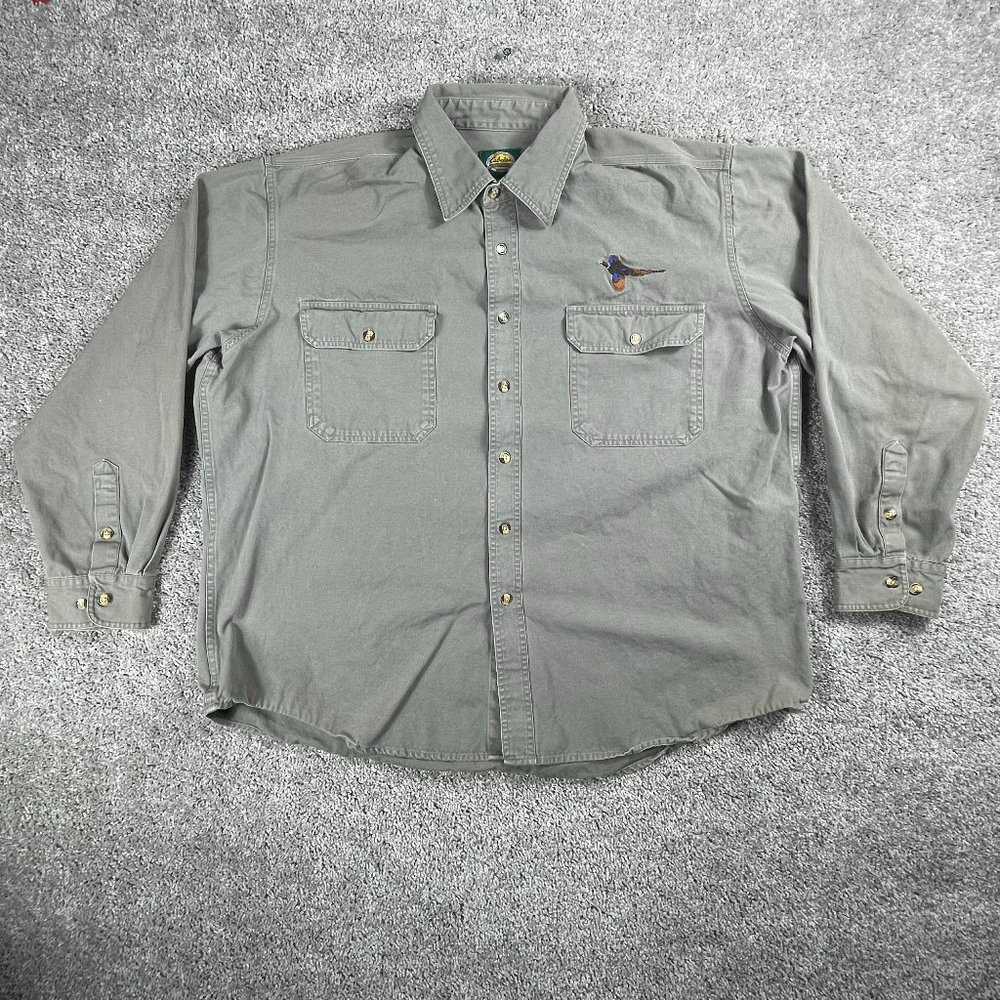 Cabela's Shirt Mens 2XL Reg Tan Duck Logo Hiking Lumberjack Nature Cabincore